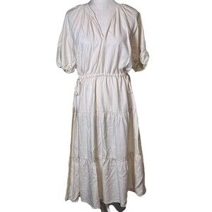 Women Cottagecore Prairie Midi Dress Cream Puff Sleeve Tiered Drawstring Waist L